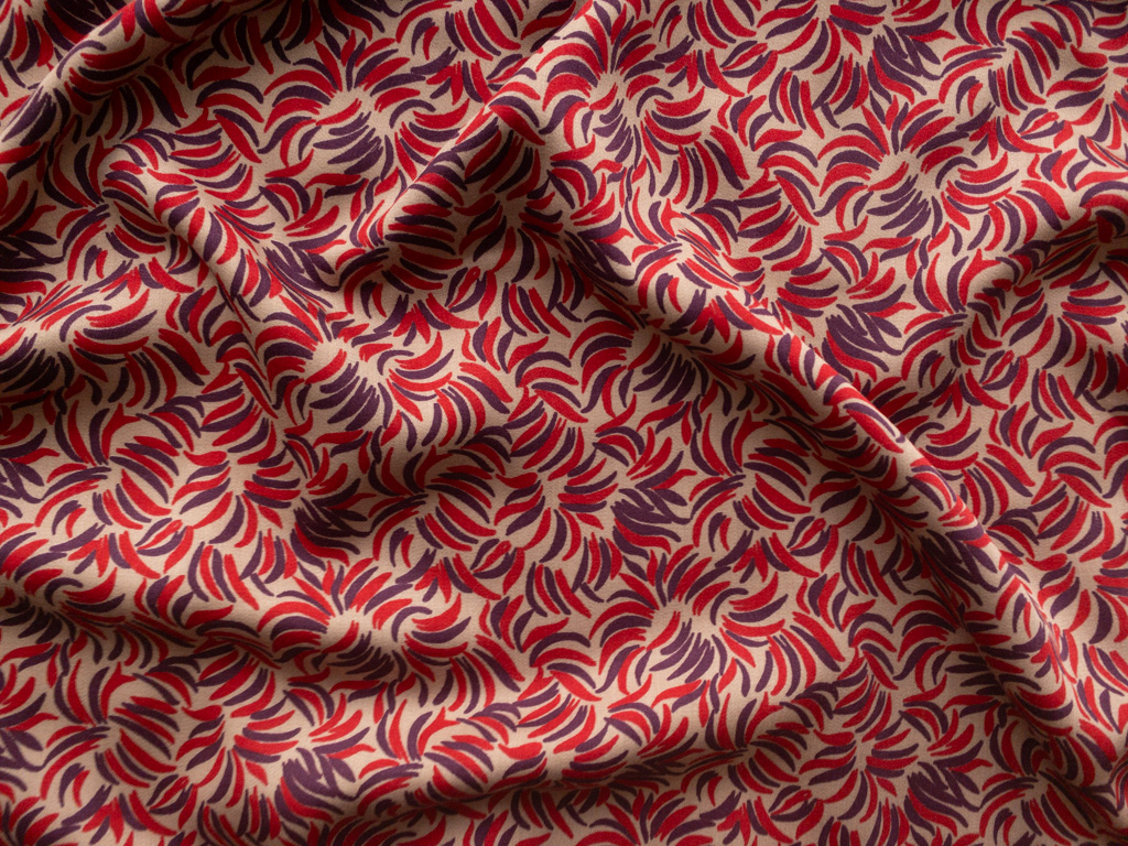 European Designer Deadstock - Rayon Sateen Lawn - Banana Bunches -  Red/Purple