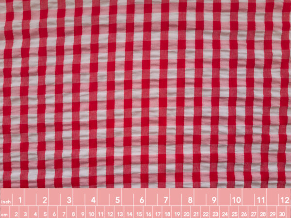 European Designer Deadstock - Polyester Seersucker - Gingham - Red/White