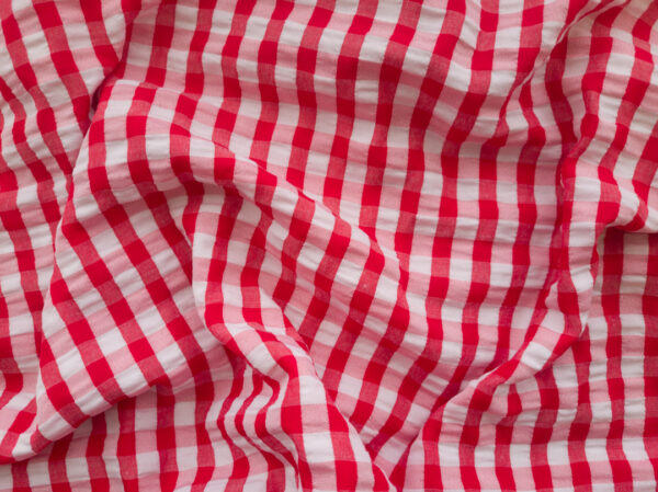 European Designer Deadstock - Polyester Seersucker - Gingham - Red/White