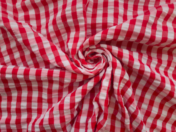 European Designer Deadstock - Polyester Seersucker - Gingham - Red/White