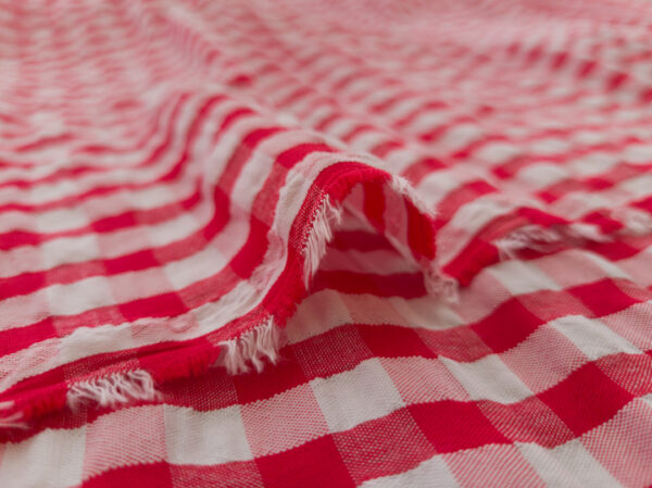 European Designer Deadstock - Polyester Seersucker - Gingham - Red/White