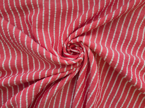 European Designer Deadstock - Polyester Seersucker - Thin Stripes - Red/White