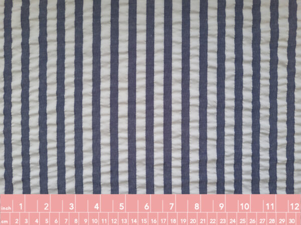 European Designer Deadstock - Polyester Seersucker - Stripes - Denim/White