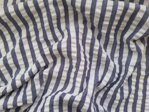 European Designer Deadstock - Polyester Seersucker - Stripes - Denim/White