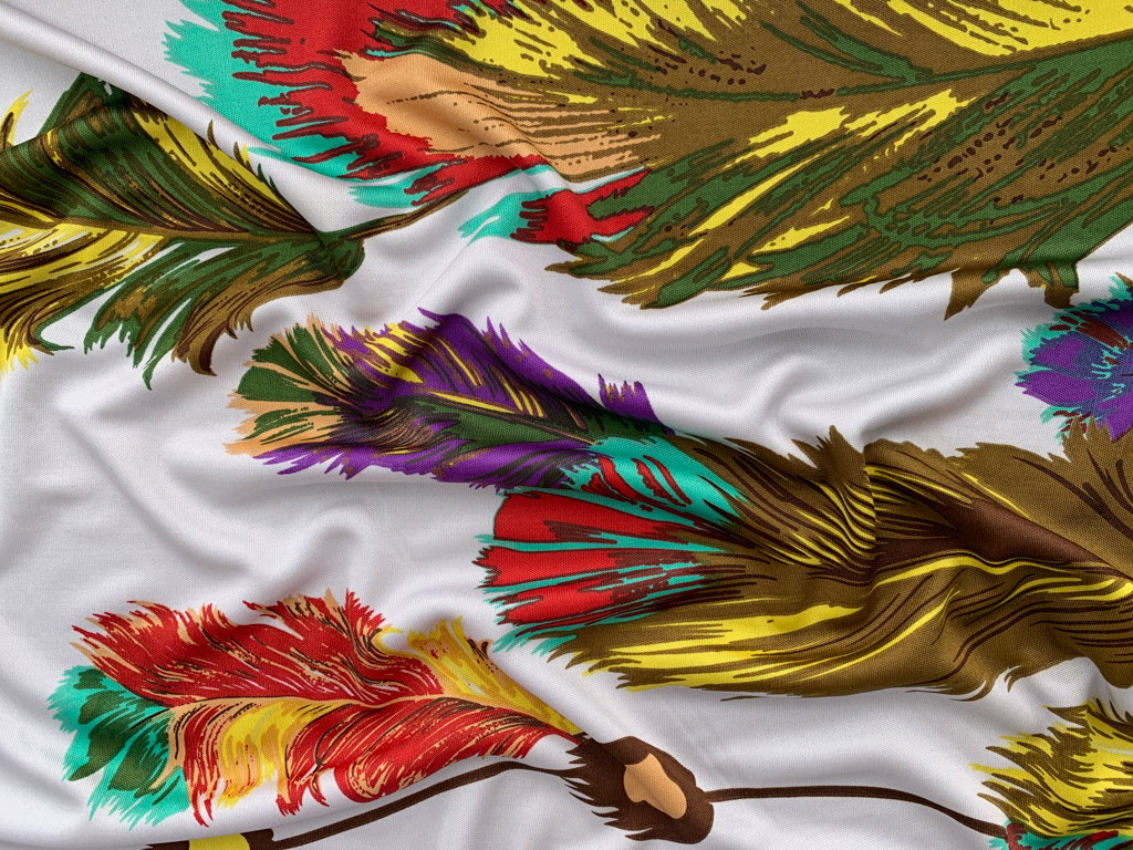 Designer Deadstock – Silk Jersey – Multi Feather Border Print