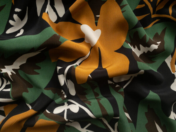 European Designer Deadstock - Viscose Challis - Tropical Floral - Mustard/Green