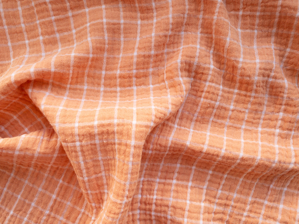 Organic Cotton Yarn Dyed Double Gauze - Check - Apricot/White Organic Cotton Yarn Dyed Double Gauze - Check - Apricot/White