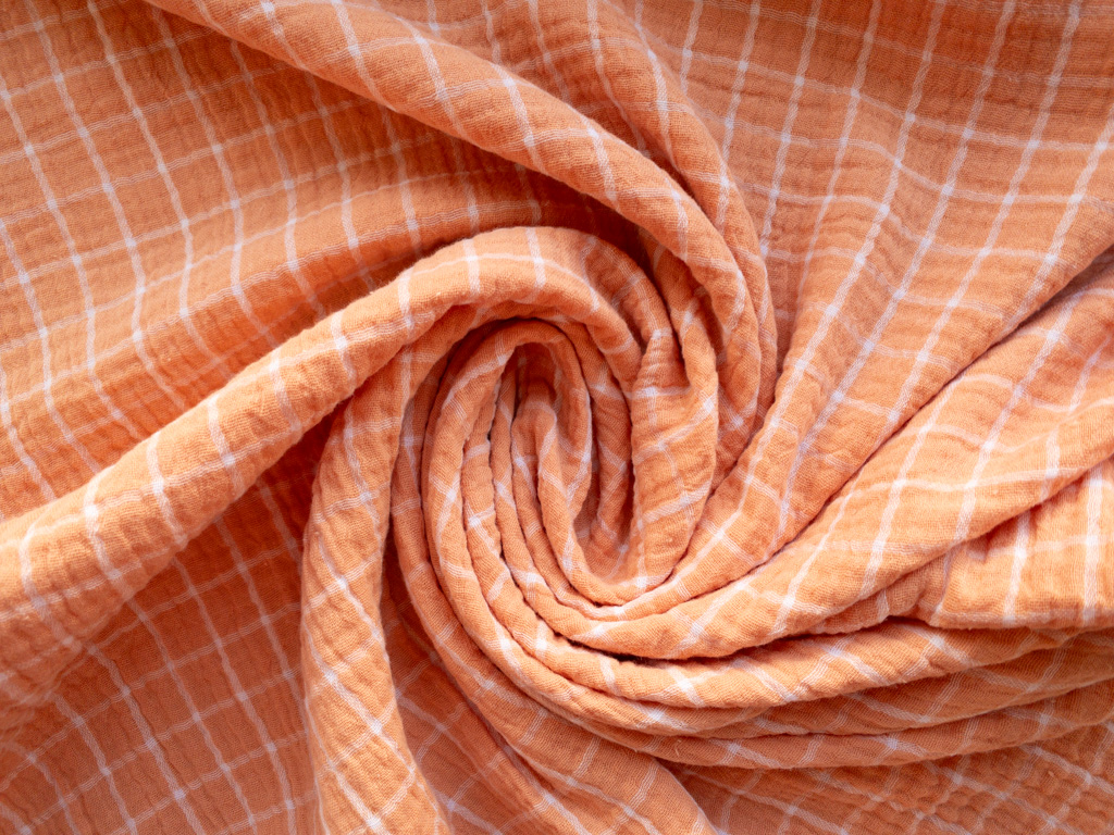 Organic Cotton Yarn Dyed Double Gauze - Check - Apricot/White Organic Cotton Yarn Dyed Double Gauze - Check - Apricot/White