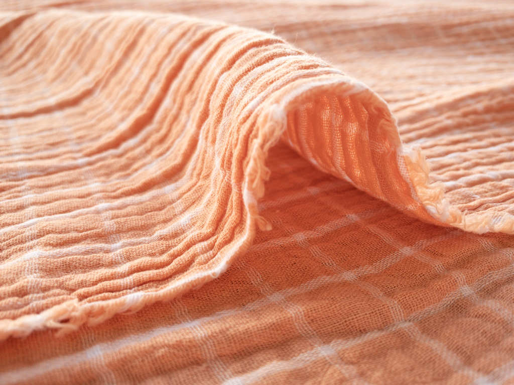 Organic Cotton Yarn Dyed Double Gauze - Check - Apricot/White Organic Cotton Yarn Dyed Double Gauze - Check - Apricot/White