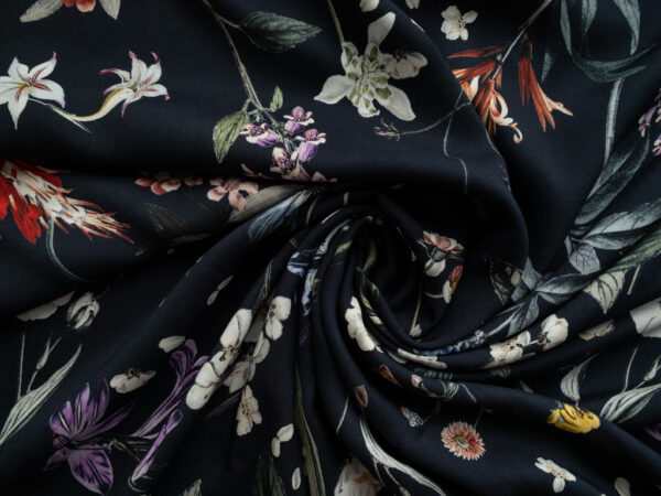 Amour Vert - Viscose Challis - Scattered Bouquet - Deep Navy