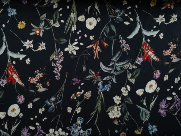 Amour Vert - Viscose Challis - Scattered Bouquet - Deep Navy