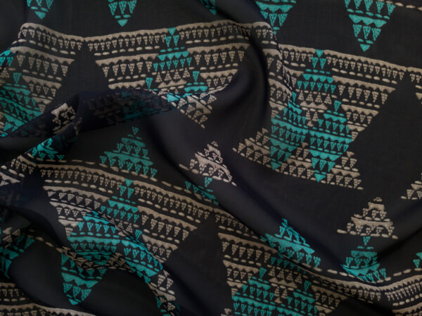 Designer Deadstock - Silk Georgette - Triangle Pyramid - Black/Aqua