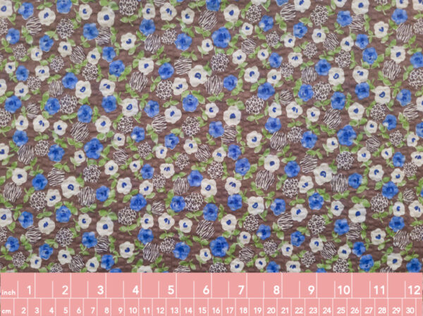 Japanese Cotton Seersucker Lawn - Ditsy Animal Floral - Brown/Blue