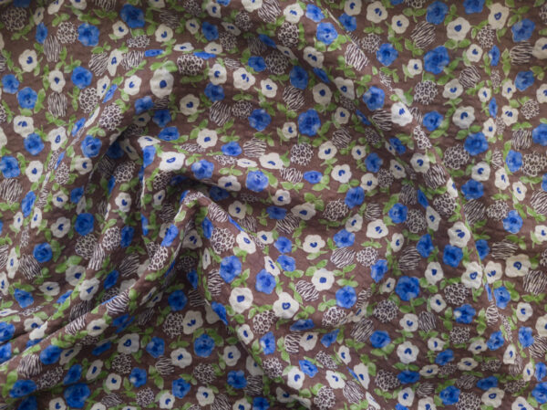 Japanese Cotton Seersucker Lawn - Ditsy Animal Floral - Brown/Blue