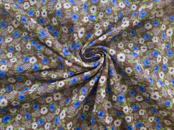 Japanese Cotton Seersucker Lawn - Ditsy Animal Floral - Brown/Blue