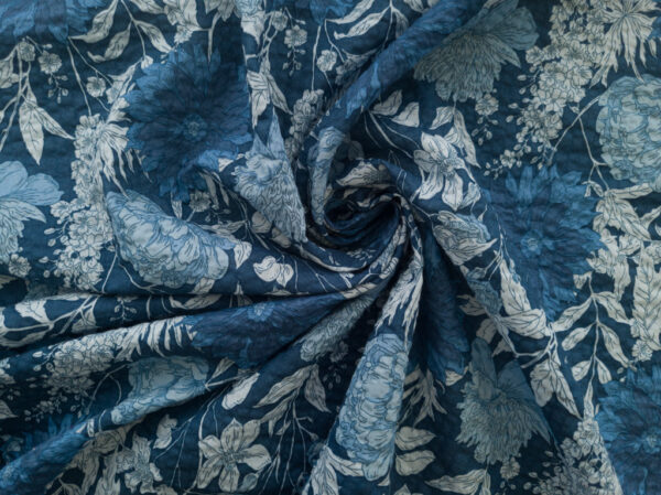 Cotton Seersucker Lawn - Large Bloom Floral - Indigo