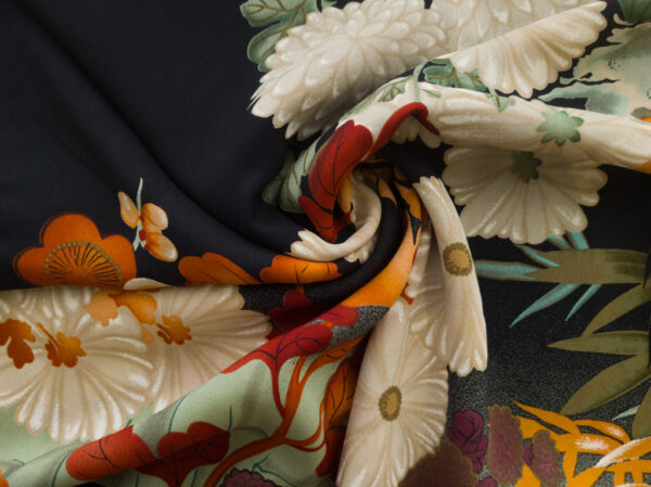 Designer Deadstock - Silk Crepe de Chine Panel - Stork & Chrysanthemums