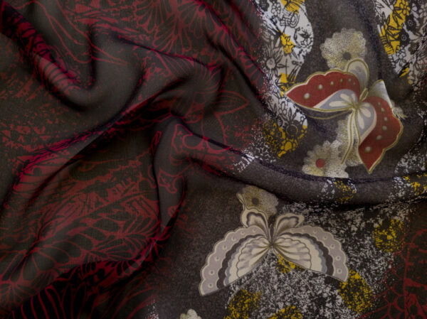 Designer Deadstock - Silk Chiffon - Butterfly Grove - Black/Red