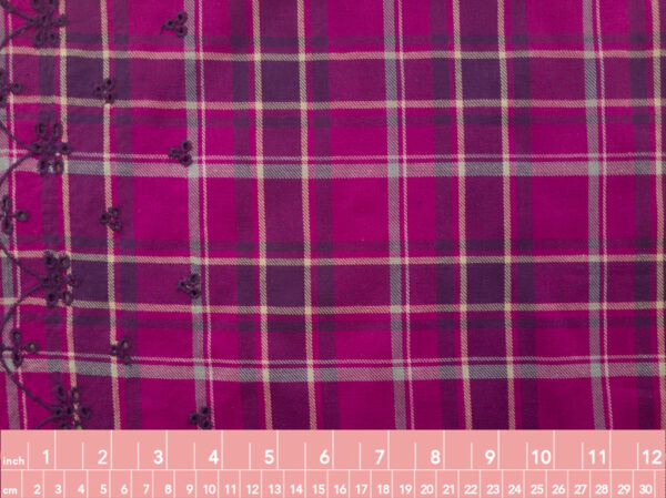 Designer Deadstock - Yarn Dyed Cotton Eyelet Scallop Border - Magenta Plaid