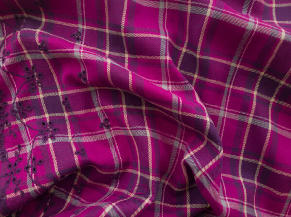 Designer Deadstock - Yarn Dyed Cotton Eyelet Scallop Border - Magenta Plaid