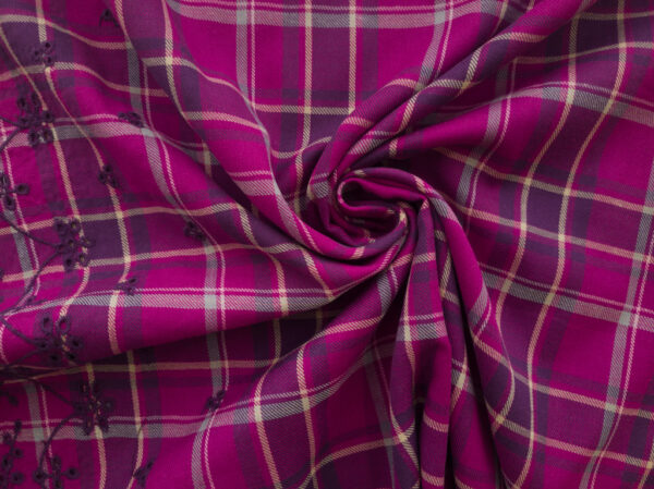 Designer Deadstock - Yarn Dyed Cotton Eyelet Scallop Border - Magenta Plaid