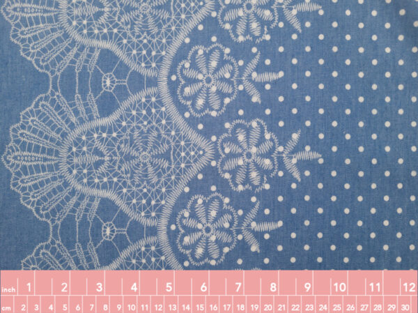 Designer Deadstock - Cotton Chambray - Polka Dot Border Print - Blue