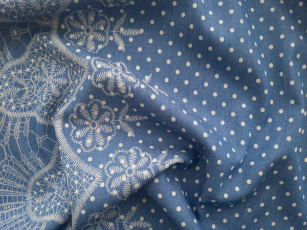 Designer Deadstock - Cotton Chambray - Polka Dot Border Print - Blue