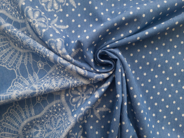 Designer Deadstock - Cotton Chambray - Polka Dot Border Print - Blue