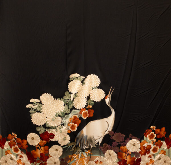 Designer Deadstock - Silk Crepe de Chine Panel - Stork & Chrysanthemums