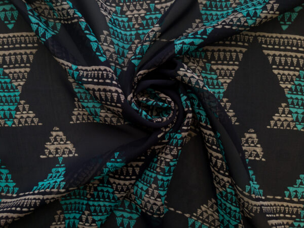 Designer Deadstock - Silk Georgette - Triangle Pyramid - Black/Aqua