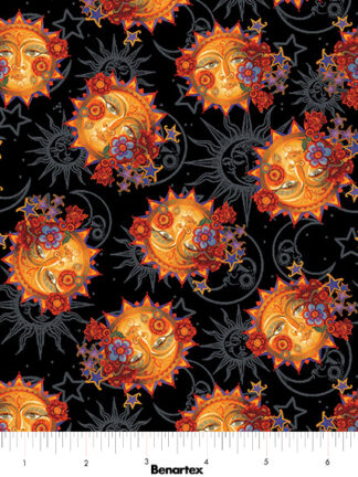 Black quilting cotton featuring sun motifs with flowers and stars.