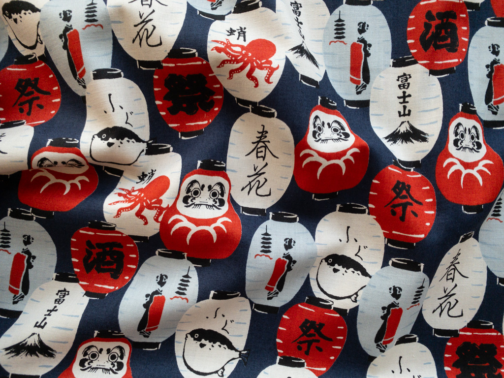Japanese Cotton Sheeting – Lanterns – Indigo/Red