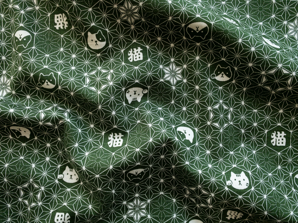 Japanese Printed Cotton Dobby – Cat Asanoha – Green