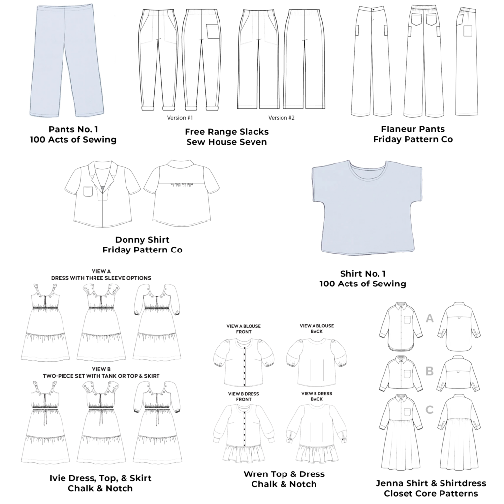 Sewing pattern illustrations featuring various garments including pants, shirts, and dresses from brands like 100 Acts of Sewing, Sew House Seven, Friday Pattern Co, and Chalk & Notch. The designs include Pants No. 1, Free Range Slacks, Donny Shirt, Flaneur Pants, Shirt No. 1, Ivie Dress, Wren Top & Dress, and Jenna Shirt & Shirtdress, showcasing different styles and variations.