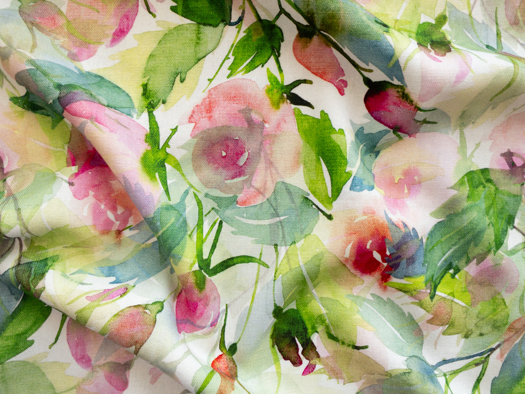 Printed Rayon/Linen – Layered Floral – Green/Fuchsia