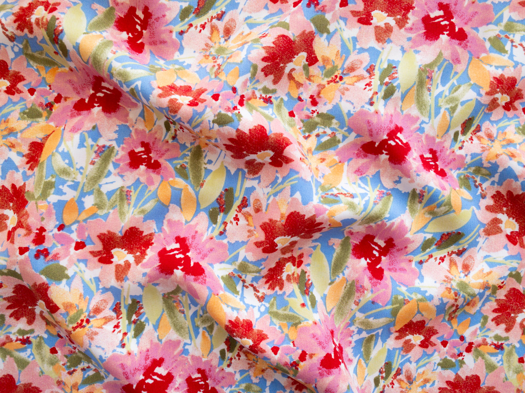 Sofia Rayon Challis – Dense Floral – Pink/Sky