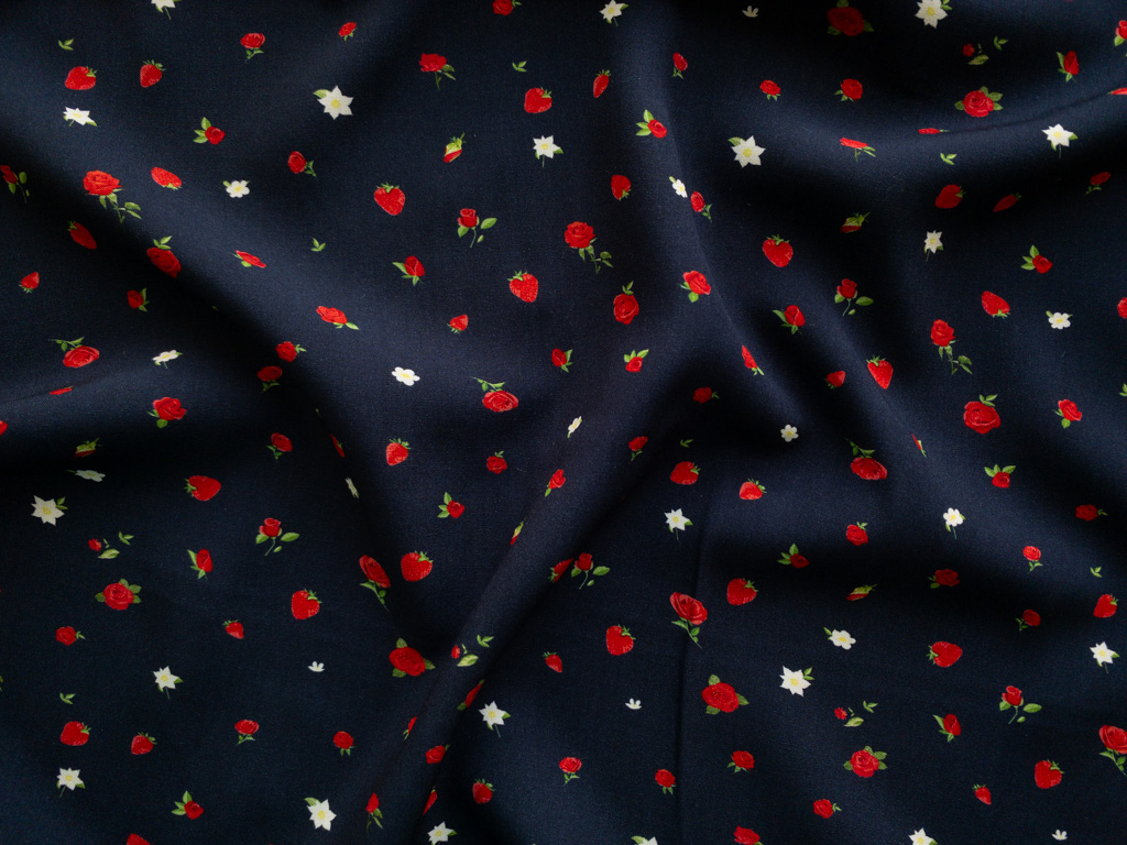 Rayon Poplin Print – Mini Strawberries and Roses – Navy/Red