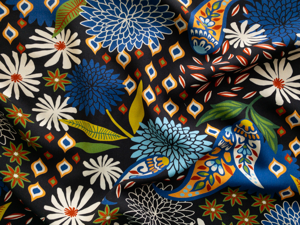 Rayon Poplin Print – Bold Chrysanthemums – Black