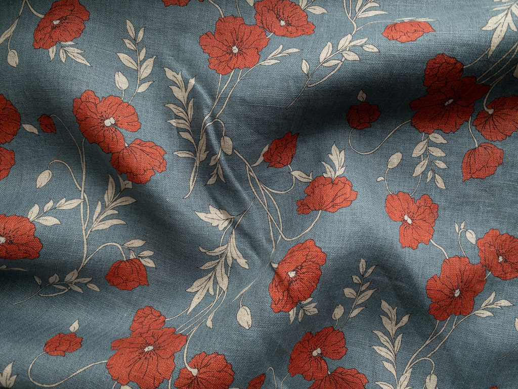Hokkoh – Linen – Blooming Poppies – Dusty Blue/Red