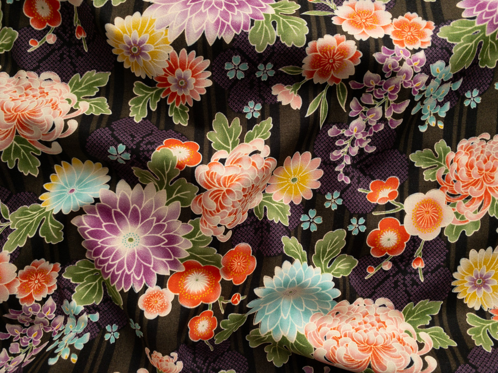 Japanese Cotton Sheeting – Garden Flowers – Multi/Black