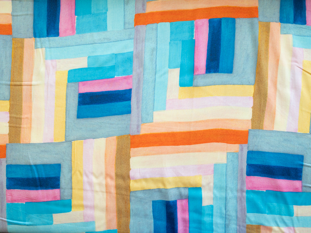 Printed Rayon Twill – Watercolor Log Cabin – Multi