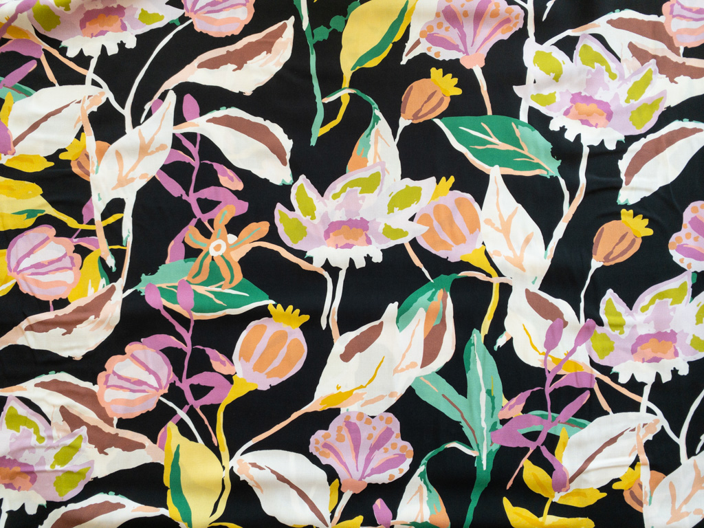Rayon Poplin Print – Modern Floral – Black/Mustard
