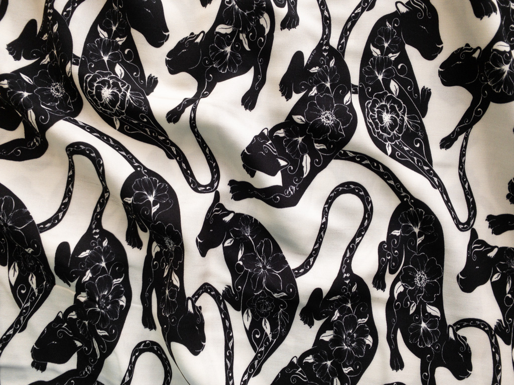 Rayon Poplin Print – Floral Panthers – Ivory/Black