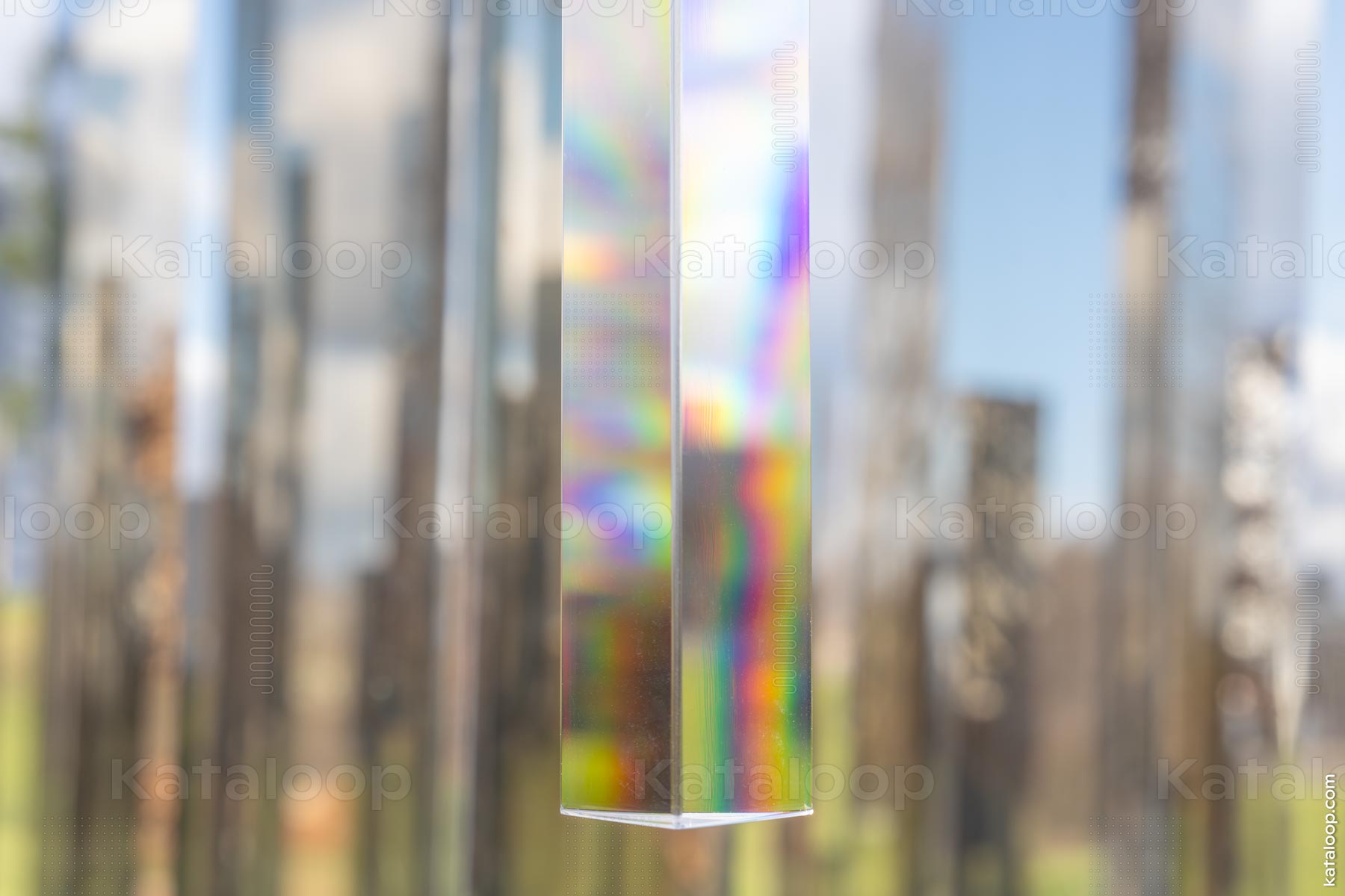 This image captures the beautiful phenomenon of light diffraction as it passes through a prism, creating a spectrum of vibrant colors. The prism is suspended in a natural environment, with blurred trees and sky in the background, emphasizing the interaction between light and nature.