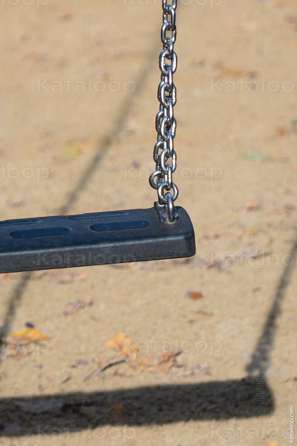 Empty swing on playground with autumn leaves