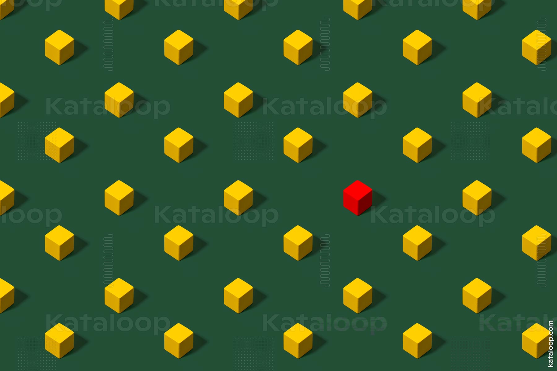 This image features a pattern of yellow cubes arranged on a green background. Among the yellow cubes, a single red cube stands out, creating a striking contrast. The geometric arrangement and color contrast make it visually appealing.