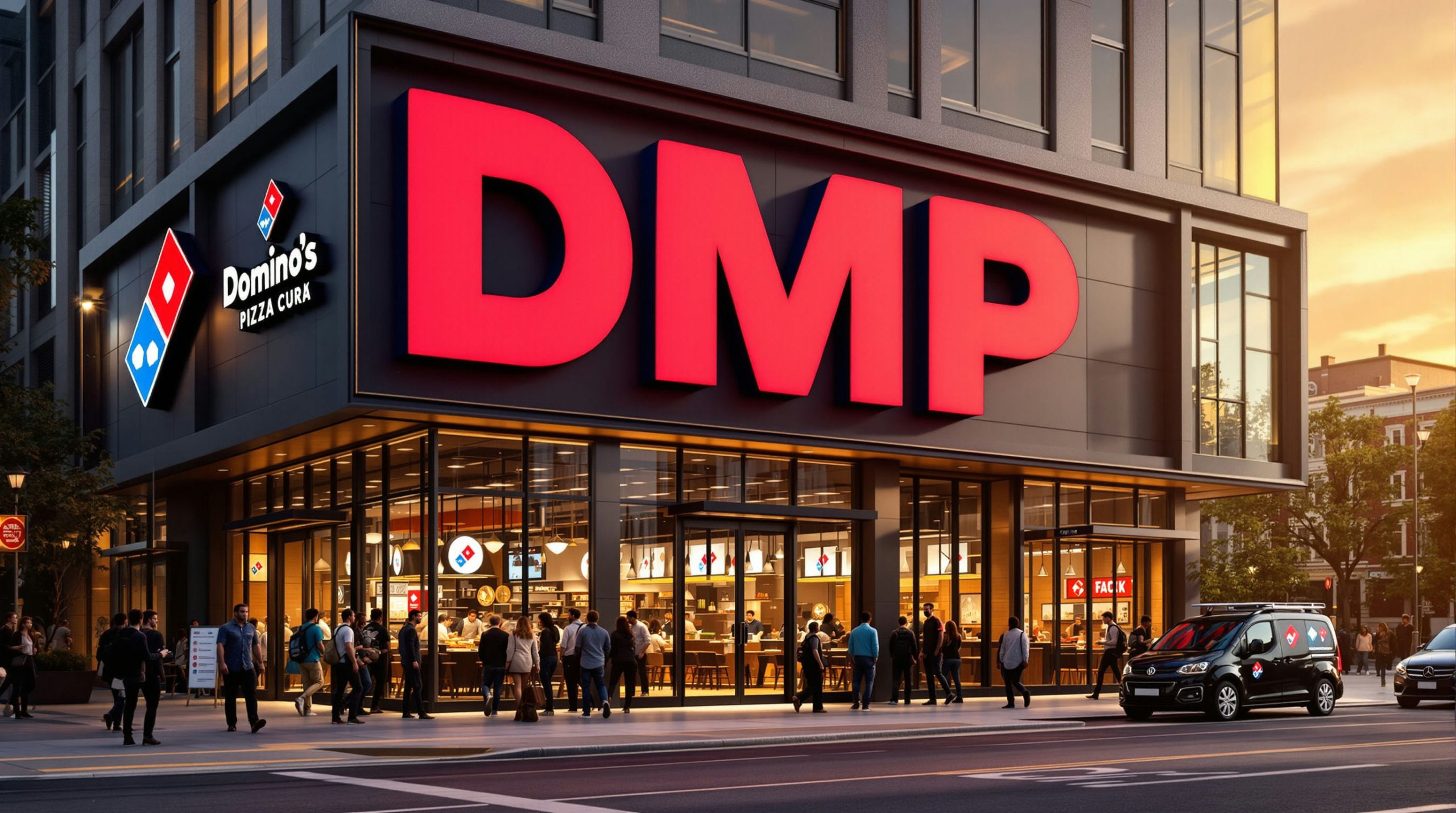 Crowd outside Domino's restaurant