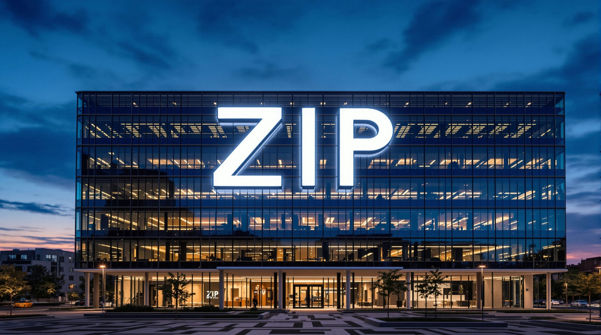 Modern office building at dusk