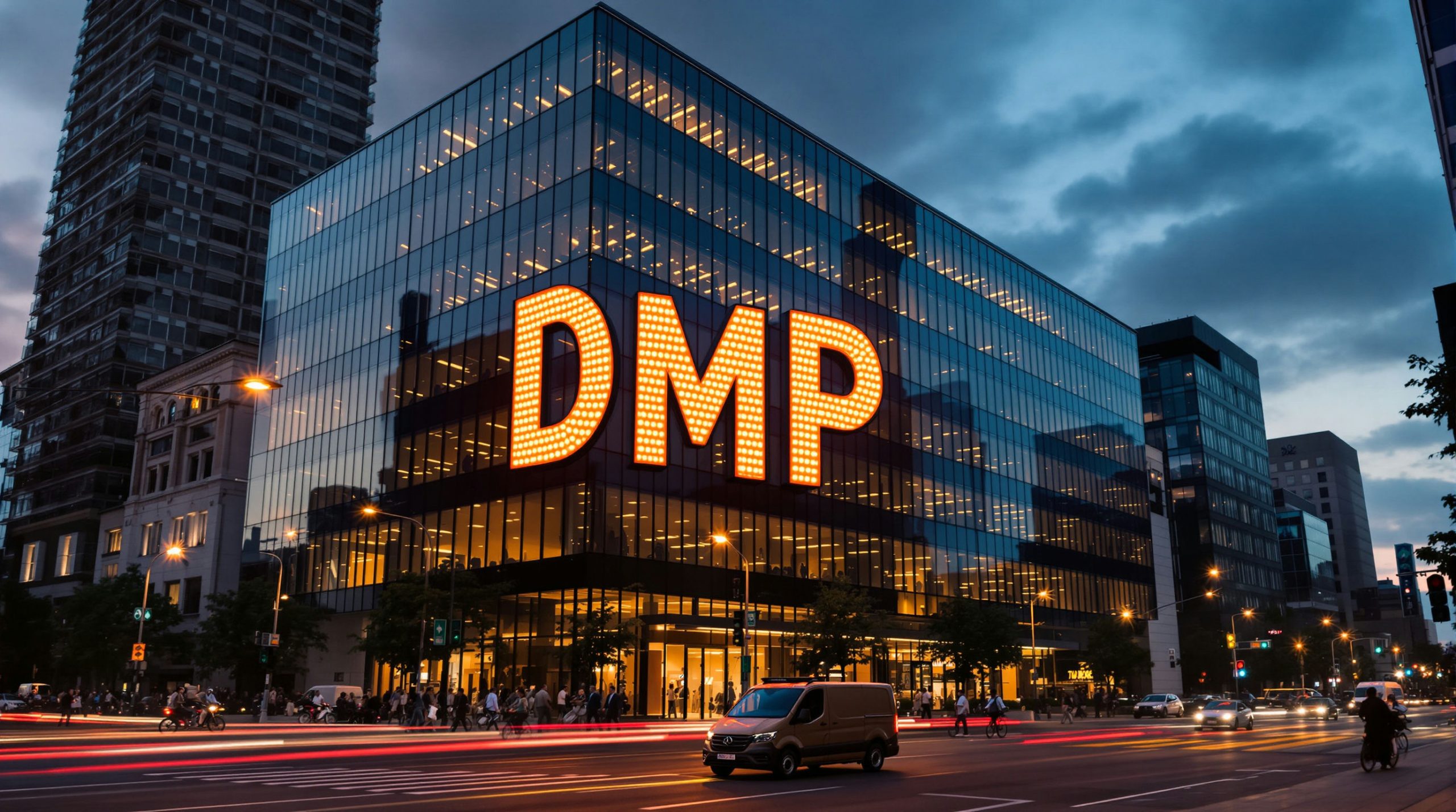 Modern glass building at dusk