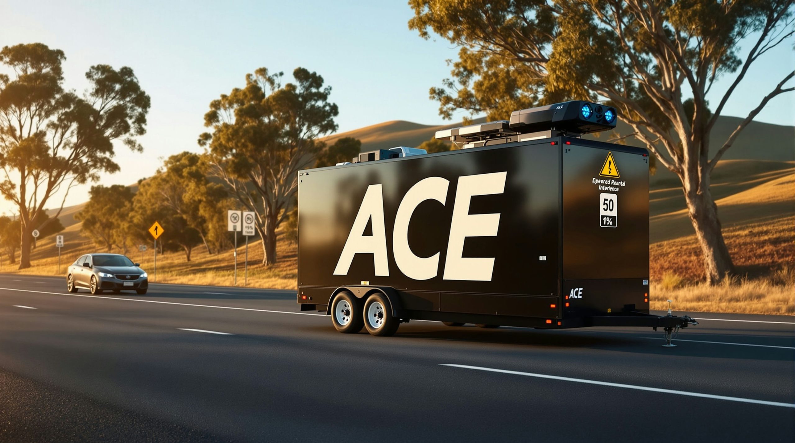 Trailer on highway at sunset